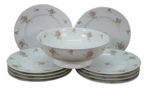 10pc Antique Charles Ahrenfeldt French Limoges Pink Rose Porcelain Plates & Bowl