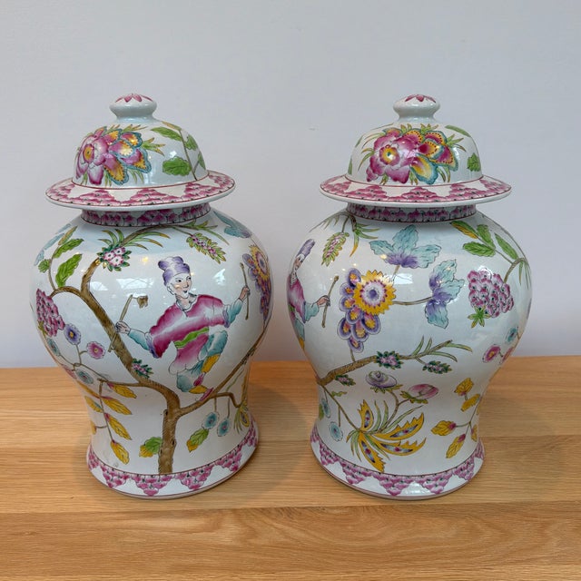 Pair of Altfield Hong Kong Hand-Painted Chinoiserie Porcelain Ginger Jars, 18” For Sale - Image 12 of 12