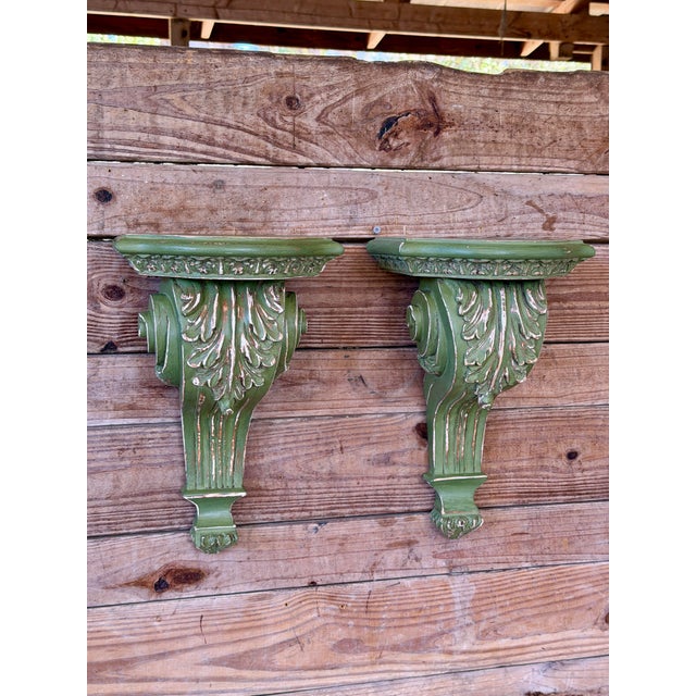 Pair of Carved Acanthus Wall Bracket Shelves / Corbels in Distressed Green Finish For Sale - Image 11 of 11