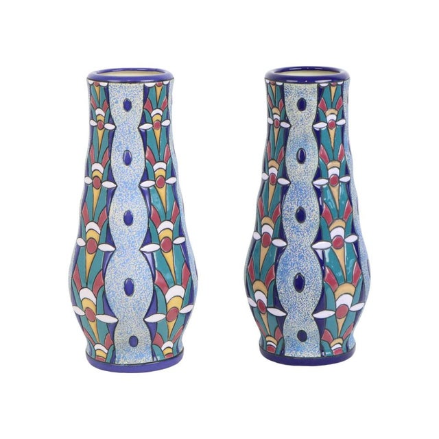 1920s Art Deco Ceramic Amphora Vases with Enamel, 1915, Set of 2 For Sale - Image 5 of 11