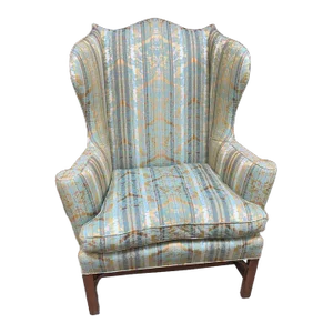 Mid 20th Century Vintage Kittinger Traditional Georgian Style Silk Upholstery Mahogany Wing Back ArmChair