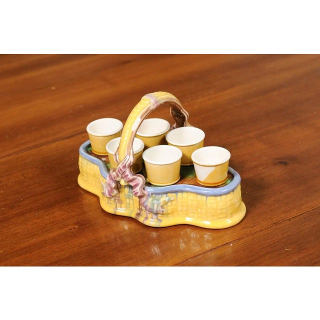 French 19th Century Majolica Porcelain Yellow Glazed Basket with Egg Cups Set- 7 Pieces For Sale - Image 12 of 13