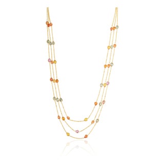 18k Yellow Gold Multi-Strand Necklace With 13.32ct Pear Cut Multicolor Sapphires For Sale
