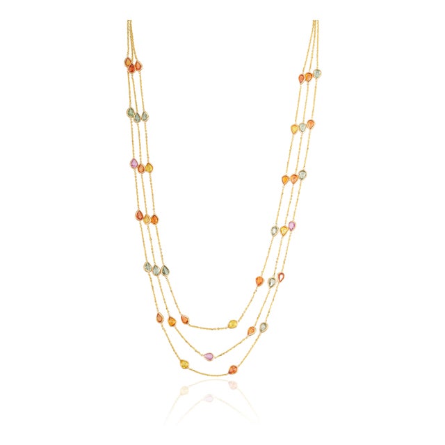 18k Yellow Gold Multi-Strand Necklace With 13.32ct Pear Cut Multicolor Sapphires For Sale