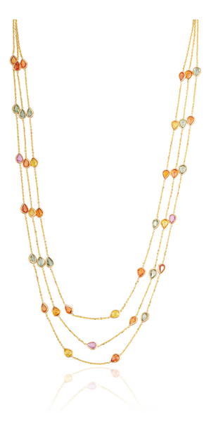 18k Yellow Gold Multi-Strand Necklace With 13.32ct Pear Cut Multicolor Sapphires