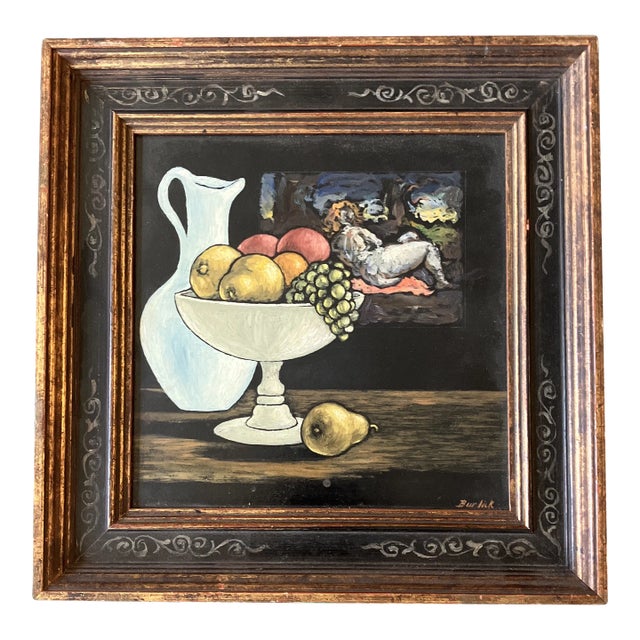 1960’s Original Still Life With Fruit & Female Nude Painting Signed Ornate Vintage Frame For Sale