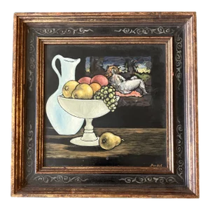 1960’s Original Still Life With Fruit & Female Nude Painting Signed Ornate Vintage Frame