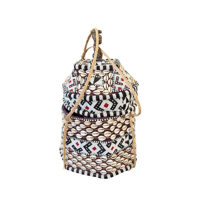 1980s Vintage African Kuba Royal Beaded Basket Congo 21" H For Sale - Image 5 of 9
