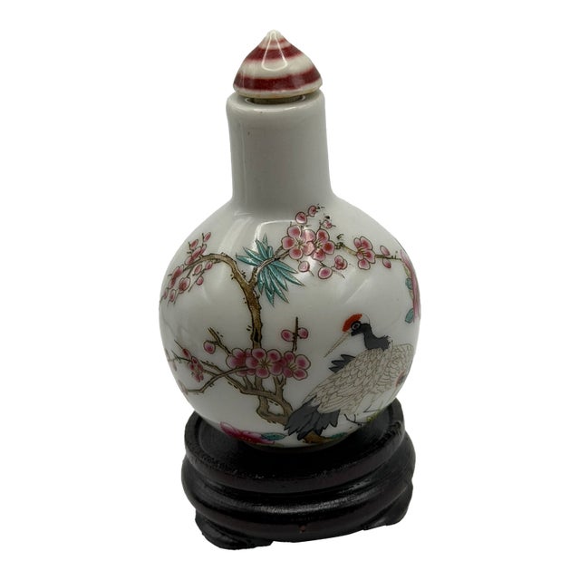 Painted Porcelain Snuff Bottle With Red Crested Cranes and Plum Blossoms For Sale
