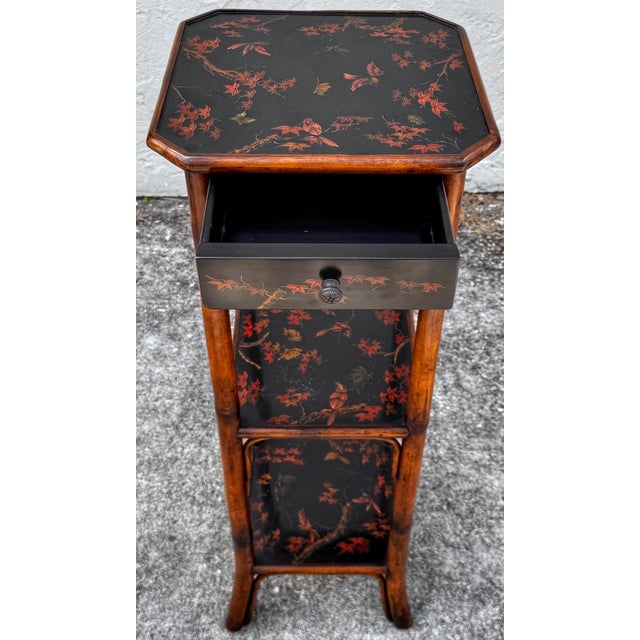 Chinoiserie Lacquered Bamboo 3-Tier Pedestal & Drawer For Sale In West Palm - Image 6 of 8