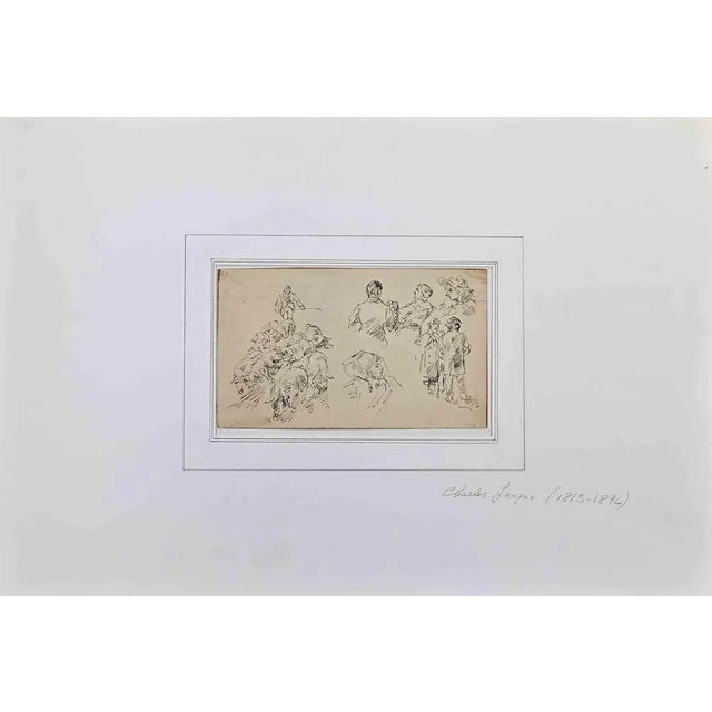 Figures And Animals is an Original China Ink Drawing realized by Charles Jacque (1813-1894). Good condition on a Yellowed...