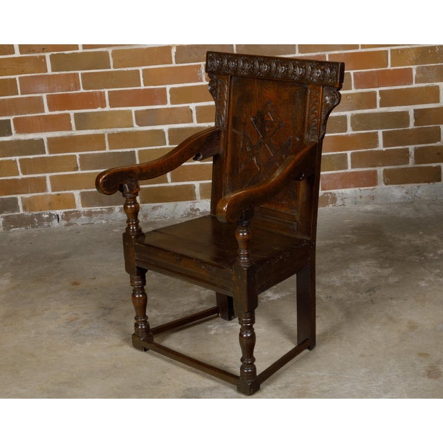 English George III Period Early 18th Century Oak Armchair with Carved Back For Sale - Image 9 of 12