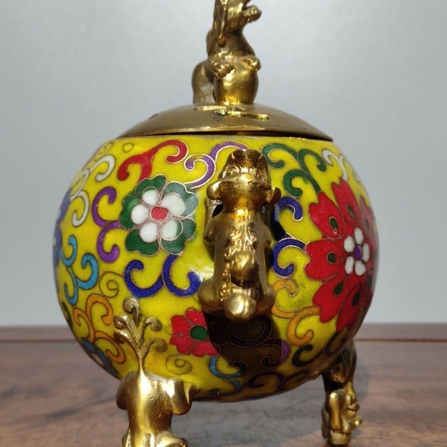 Yellow Late 20th Century Gilt Bronze Cloisonné Enamel Tripod Incense Burner With Guardian Lion Finial For Sale - Image 8 of 9