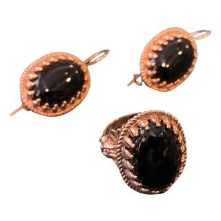 1990s Oval Onyx and Brass Ring and Earrings by Anomis For Sale