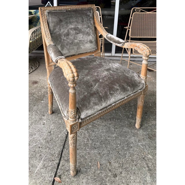 Neoclassical Vintage Italian Neoclassical Carved Wood Armchairs, Newly Upholstered, Pair For Sale - Image 3 of 12