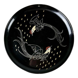 Mid Century Era Japanese Hand Painted Lacquer Serving Tray With Bird Rooster Motif For Sale