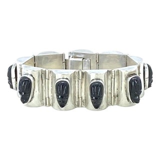 Vintage Mexico Silver Statement Bracelet With Aztec Faces, 1970s For Sale