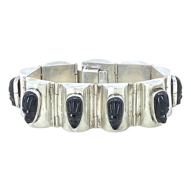 Vintage Mexico Silver Statement Bracelet With Aztec Faces, 1970s For Sale