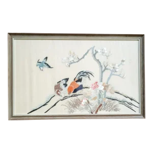 Mid-Century Chinese Chinoiserie Silk Embroidered Panel With Chickens