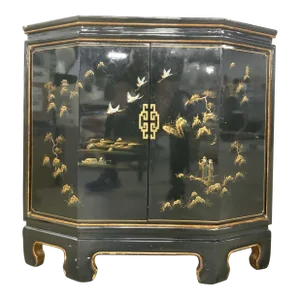 Mid 20th Century Vintage Black Lacquered Octagonal Front Chinese Cabinet