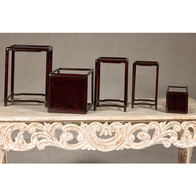 Asian Set of Five Small Size Dark Rosewood Nesting Tables with Humpback Stretchers For Sale - Image 3 of 12