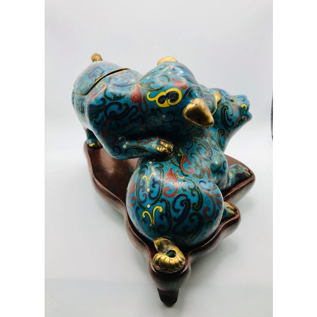 Chinese Mid 19th Century Playful Cloisonne Puppies on a Wood Stand From the Qing Dynasty For Sale - Image 3 of 12