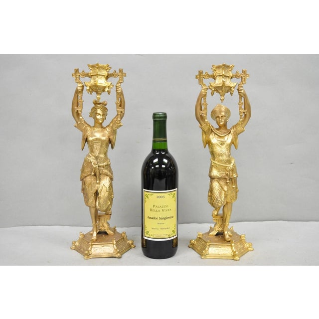 Antique Victorian Orientalist Gold Gilt Cast Bronze Figural Male and Female Candlesticks with Unusual Pivoting Candle...