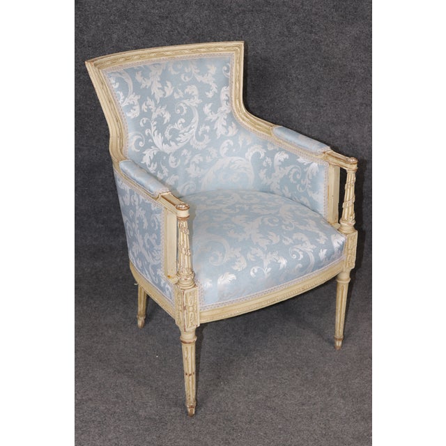 Textile Pair French Louis XV Style Blue Upholstered Bergères Chairs Attr to Jansen For Sale - Image 7 of 17