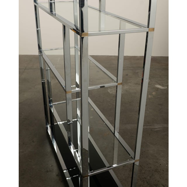 Metal 1970s Chrome Glass Brass Etagere Mixed Metal Glam Display Shelf Baughman For Sale - Image 7 of 16