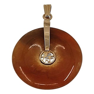14k Gold Orange Jade Disc Pendant For Sale