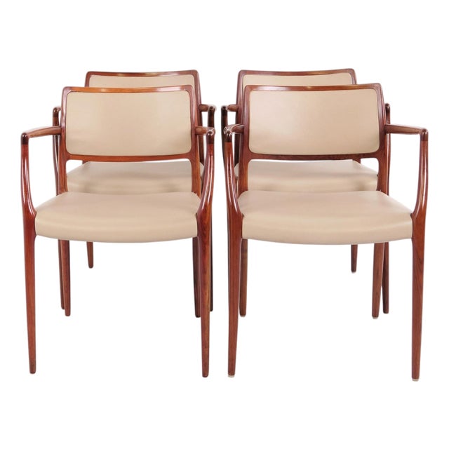 Model 65 Armchair in Rosewood with Light Elegance Leather by N.O. Møller for J.L. Møllers, 1960s, Set of 4 For Sale