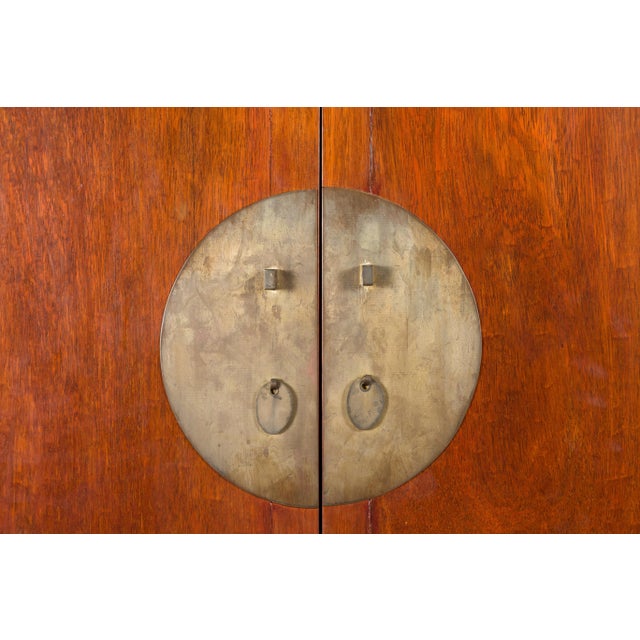 19th Century Chinese Qing Dynasty Armoire with Brass Medallion and Reconfigured Pocket Doors For Sale - Image 5 of 13