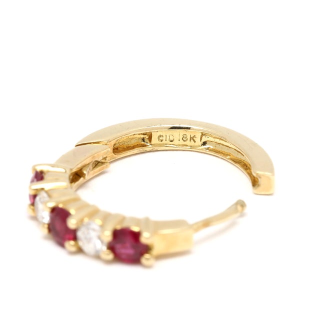 Modern 1.07ctw Ruby & Diamond Huggie Hoop Earrings, 18k Yellow Gold, Dainty For Sale - Image 3 of 3