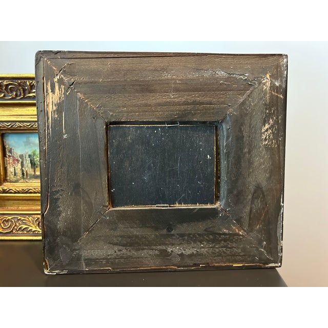Monet Pair of Vintage European Street Scene Oil Paintings on Board – Miniature Impressionist Art in Ornate Gilt Frames For Sale - Image 4 of 8