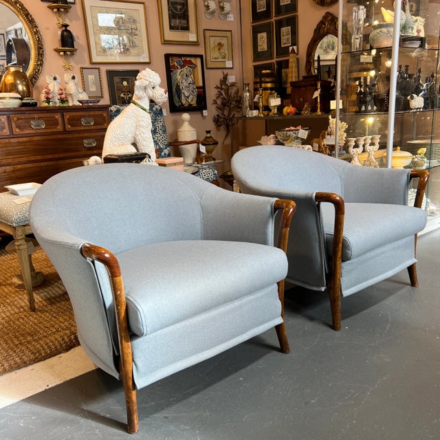 Italian Umberto Asnago for Georgetti armchairs, a pair. Newly upholstered in a blue gray wool fabric.