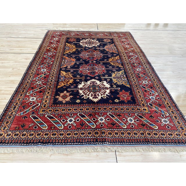 Tribal Navy Star Kazak Style Handmade Wool Rug 6x9 For Sale - Image 3 of 14