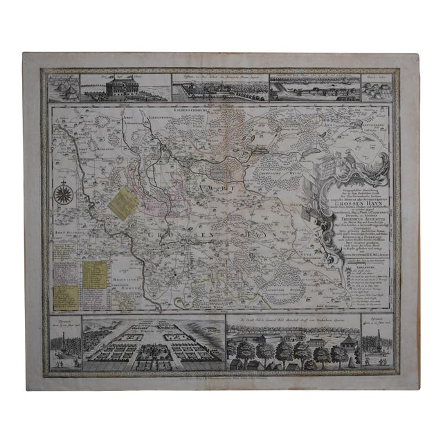 Antique German Geographical Map "Grossen Hayn" 1730 Engraved in Black With Color Highlights For Sale