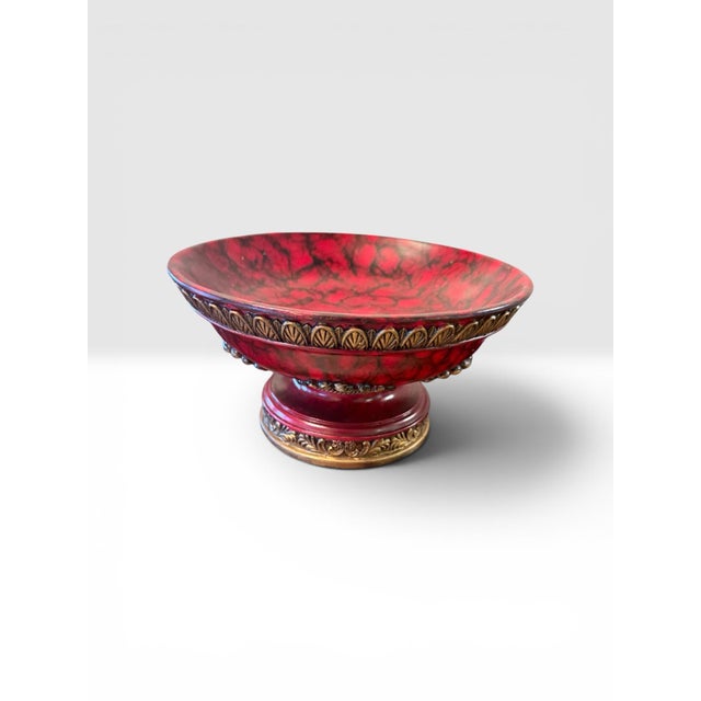 2020s Vintage Red Marble-Style Pedestal Elegant Compote Bowl With Ornate Brass Finish For Sale - Image 5 of 7