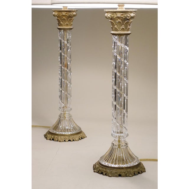 Large Matched Pair Waterford Crystal French Empire Corinthian Column Brass Table Lamps 1960's For Sale In Los Angeles - Image 6 of 13