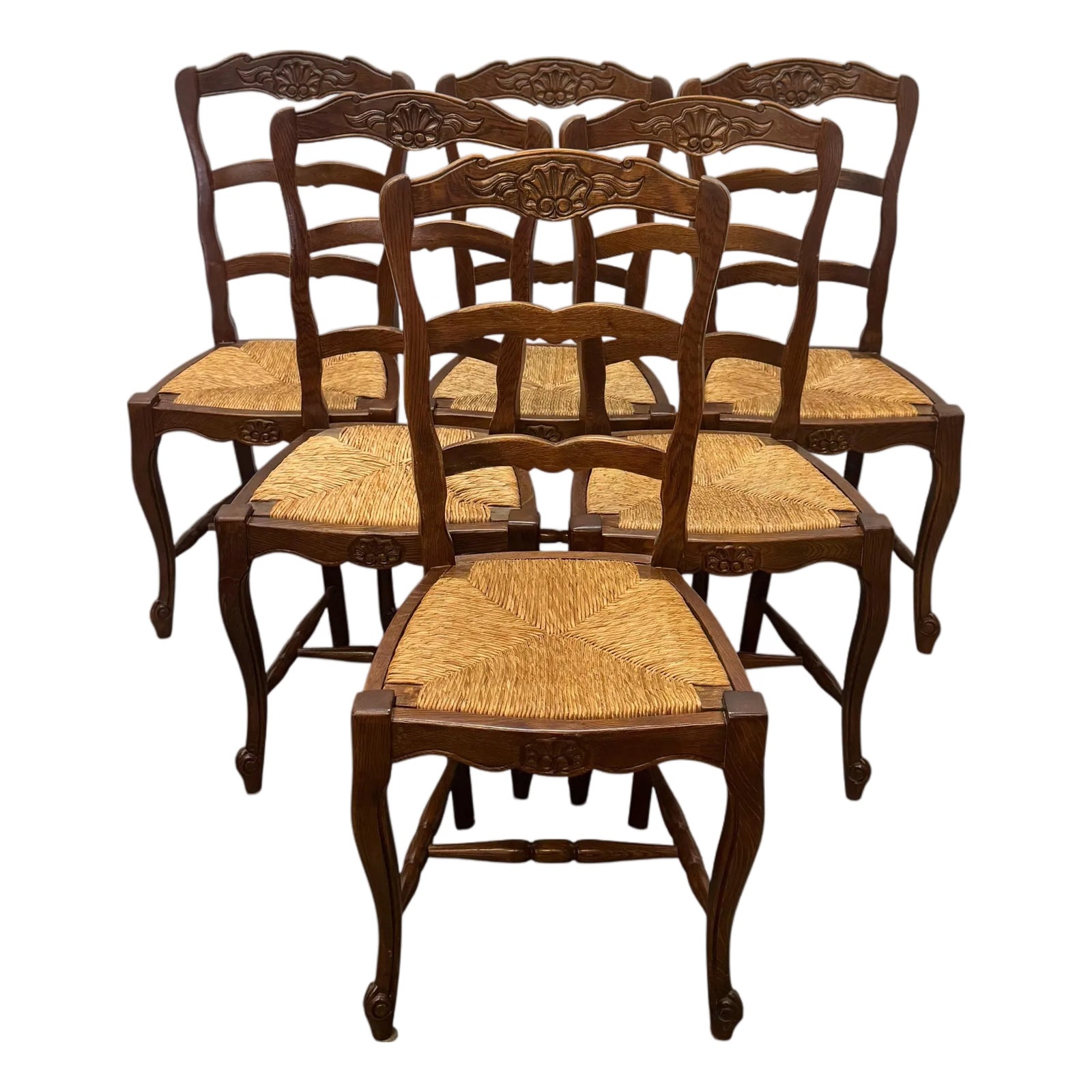 Vintage Rustic Farmhouse Style Solid Oak Rush Seat Dining Chairs - Set ...