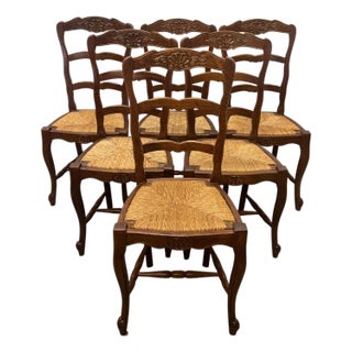 Vintage Rustic Farmhouse Style Solid Oak Rush Seat Dining Chairs - Set of 6 For Sale