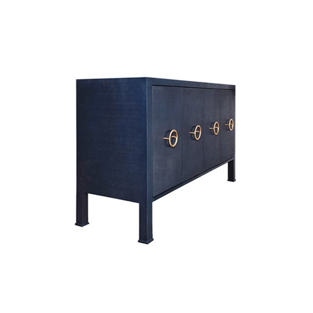 Contemporary Matthew Izzo Home Rue Navy Blue Linen Four Door Buffet With Brass Circle Door Pulls For Sale - Image 3 of 7