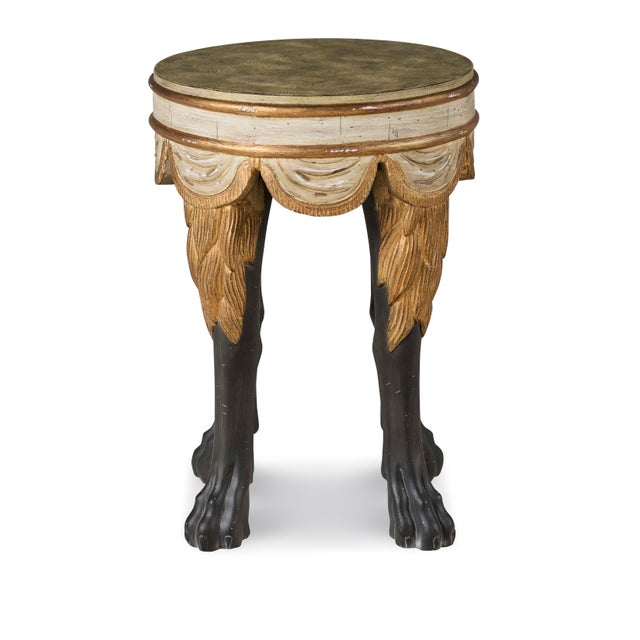 The Italian 18th-century inspired side table, featuring faux marble paint, a detailed scalloped skirted base, and hand...