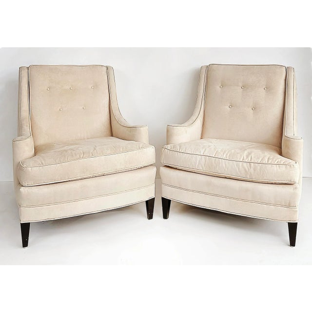 1940s Mid-century Modern Club Chairs, Ultrasuede Upholstery, Loose Seat Cushions Offered for sale is a pair of substantial...