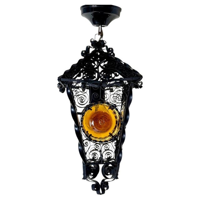 Venetian-Style Handcrafted Lantern Lamp with Amber Glass Panels, 1960s For Sale - Image 18 of 18