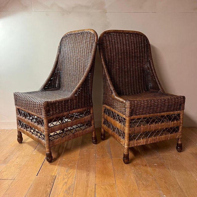 A Pair of Dark Chocolate Brown Vintage Wicker chairs High back, turned feet excellent condition 6 chairs available in...