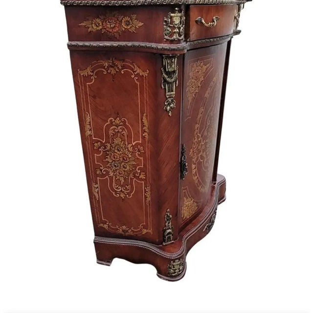 French French Continental Mahogany Marquetry and Metal Decorated Side Console Cabinet For Sale - Image 3 of 13