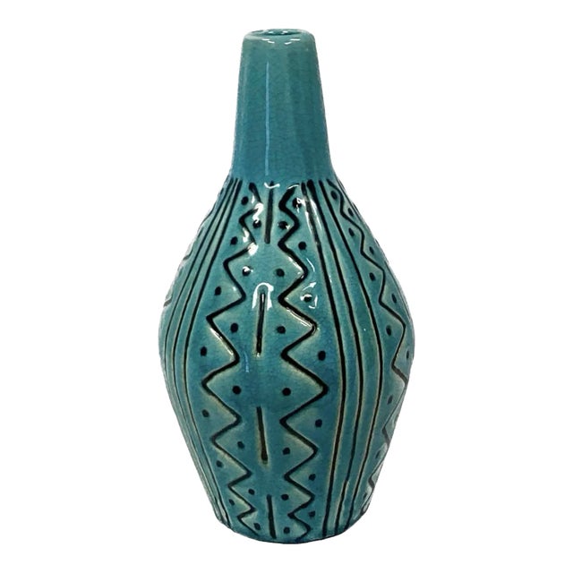 Vintage Hand Painted Ceramic Turquoise and Black Vase For Sale
