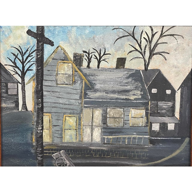 1950s painting on board of dark houses on a city street. Oil on panel, unsigned, in its original frame. Frame: 13.25 x...
