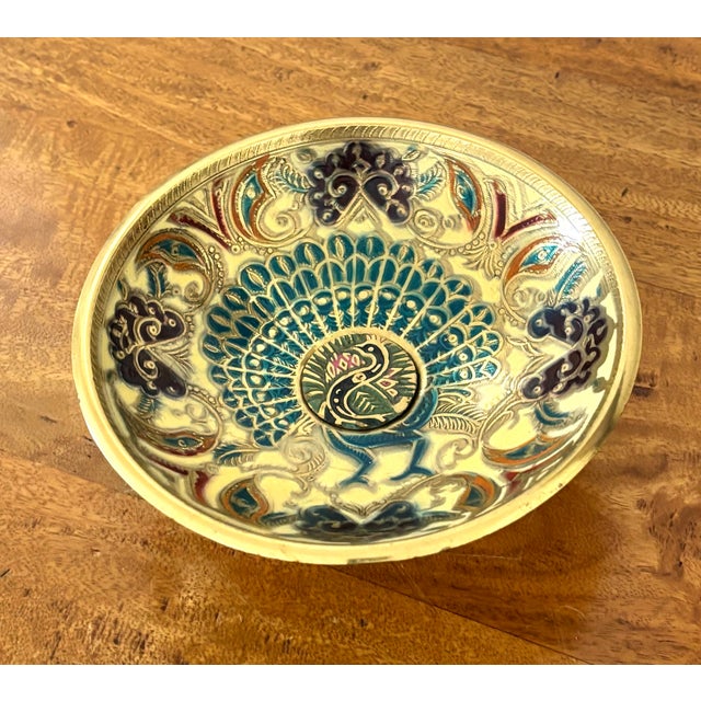 Hollywood Regency Enamel-on-Brass Peacock Bowl For Sale - Image 3 of 5
